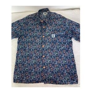 Vtg Duke Kahanamoku Mens Tiki Party Hawaiian Shirt Wood Buttons Blue Green Large
